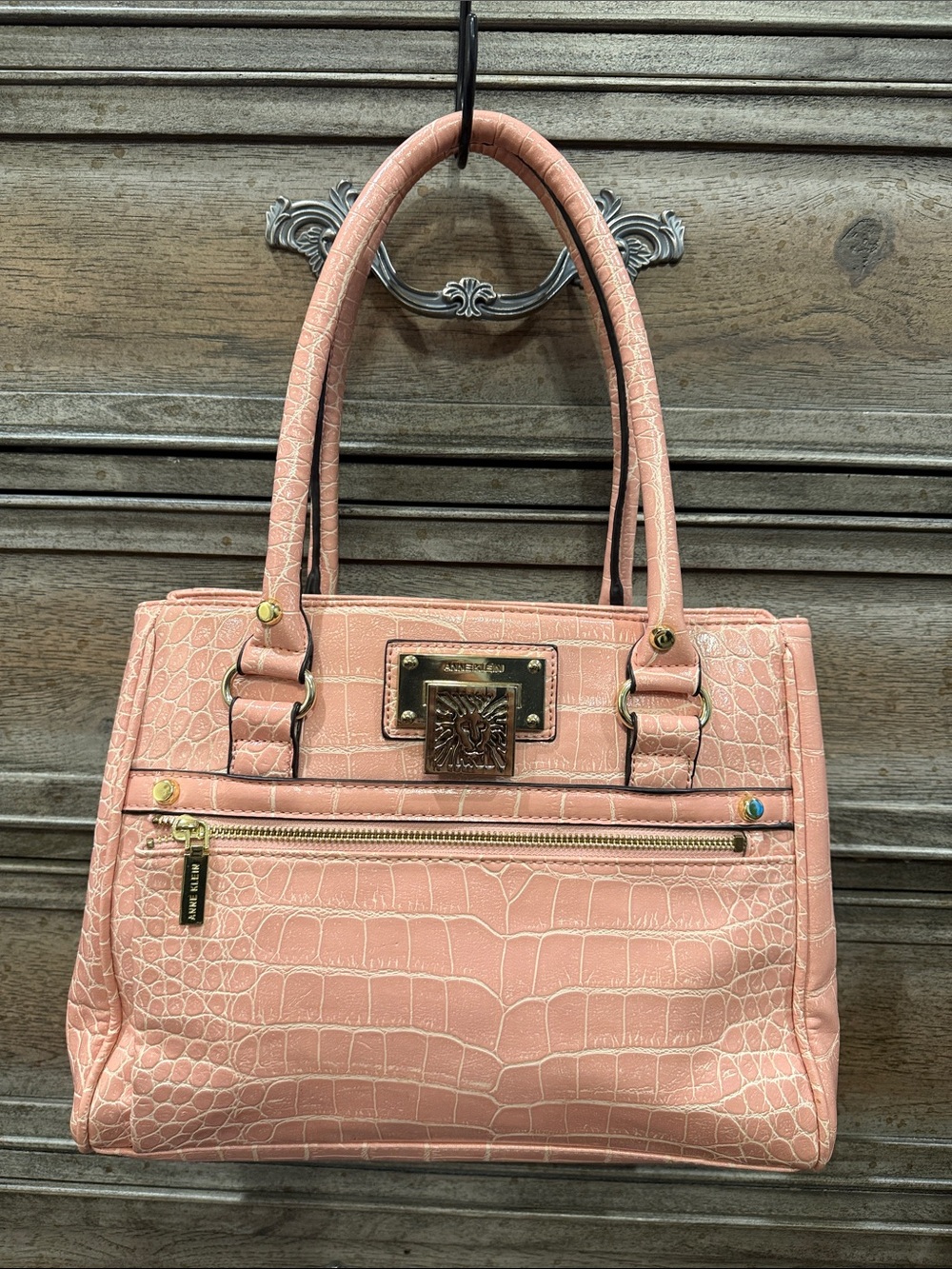 Anne Klein Blush Croc-Embossed Tote with Gold Hardware